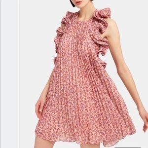 AMUR Mimi Pleated Ruffle Dress Pink Floral 0